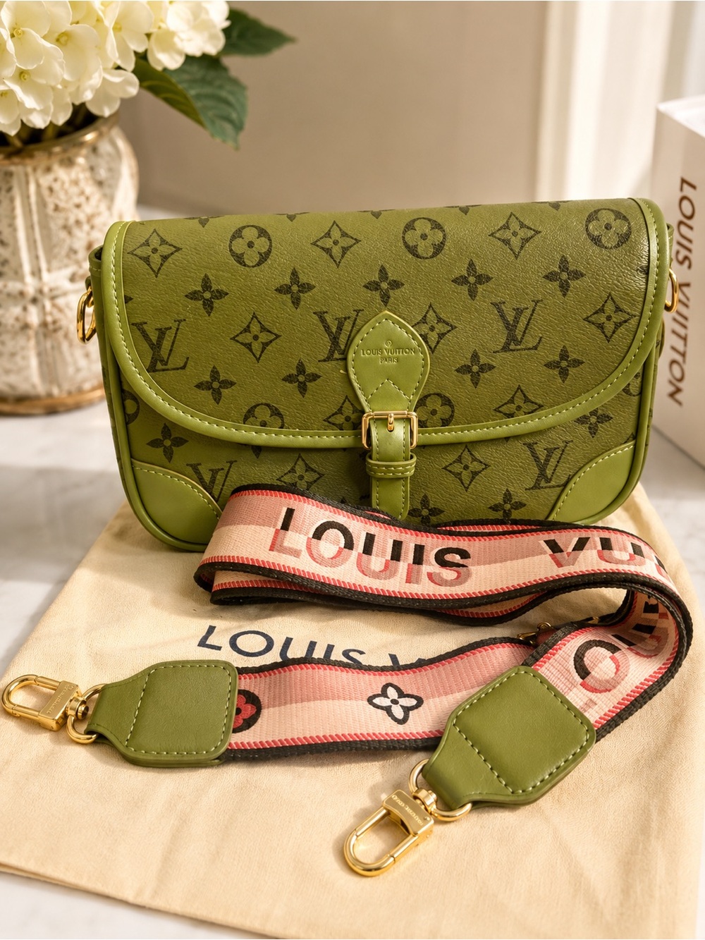 Source Unknown Olive Green Monogram Crossbody Bag with Pink Accent Strap